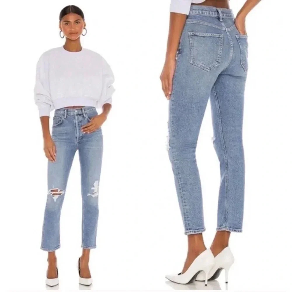 AGOLDE Riley High Rise Straight Leg Jeans in Whiplash Blue Denim Women Size 26